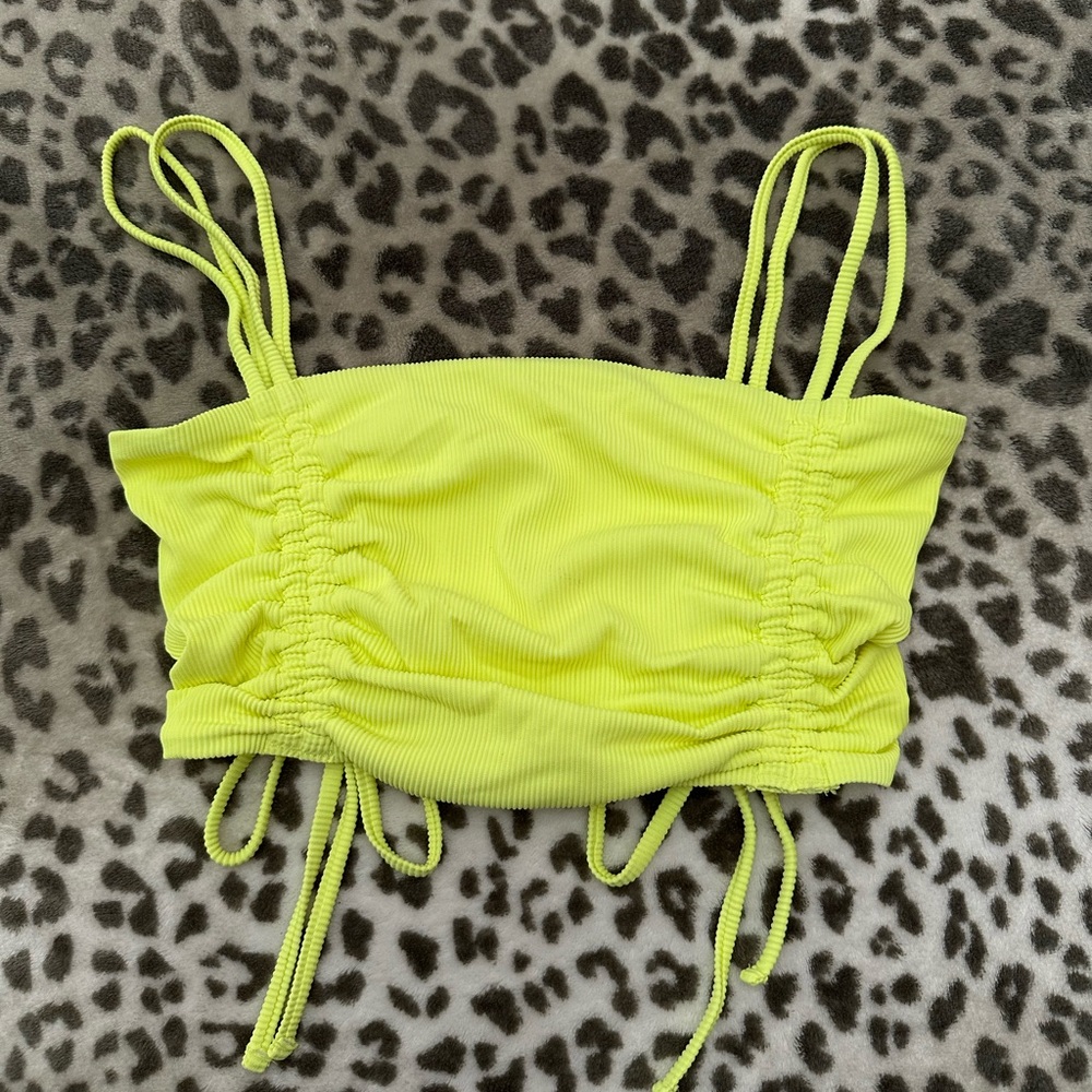 Aerie Ruched Ribbed Longline Bandeau Bikini Top in Yellow Infusion Size Small